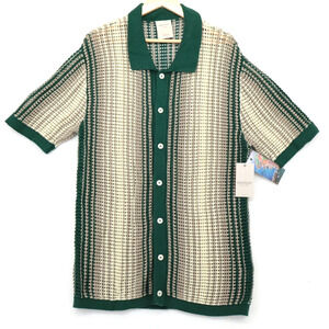 NWT Mens MASSIVE LUXURY Sz L Knit Crochet Button Up Shirt Green Short Sleeve